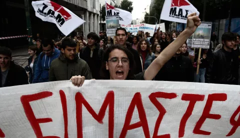 epaselect epa11700835 University and high school students take part in a rally to protest the conditions at the country's public schools, in Athens, Greece, 04 November 2024. This is the first day of a series of protests planned for this week, regarding the introduction of stricter disciplinary measures for infractions, the conditions in the country's public schools and the level of state resources for education. EPA/YANNIS KOLESIDIS