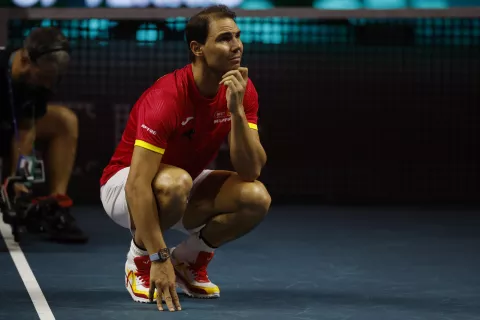 epaselect epa11730095 Rafa Nadal of Spain reacts during a tribute received after the Spanish doubles match against the Netherlands during the Davis Cup quarterfinal between Netherlands and Spain at the Jose Maria Martin Carpena Sports Palace in Malaga, Spain, 19 November 2024. EPA/JORGE ZAPATA