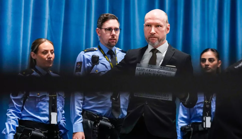 epa11728663 Anders Behring Breivik arrives for the first day of his second parole petition hearing in the Ringerike, Asker and Barum District Court's, in a gymnasium in Ringerike prison, Tyristrand, Norway, 19 November 2024. Fjotolf Hansen, born Anders Behring Breivik, was sentenced the year after the terrorist attacks against Oslo and Utoya on 22 July 2011, to 21 years in prison with a minimum term of 10 years. 77 people lost their lives in the attacks. EPA/BEATE OMA DAHLE NORWAY OUT