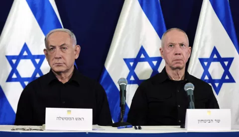 epa11732793 epa11703358 (FILE) - Israel's Prime Minister Benjamin Netanyahu (L) and Defense Minister Yoav Gallant (R) address a press conference at Kirya military base in Tel Aviv, Israel, 28 October 2023 (reissued 21 November 2024). Judges at the International Criminal Court (ICC) have issued arrest warrants for Benjamin Netanyahu and Yoav Gallant, as well as Hamas military commander Mohammed Deif over alleged war crimes and crimes against humanity during the war between Israel and Hamas. EPA/ABIR SULTAN/POOL