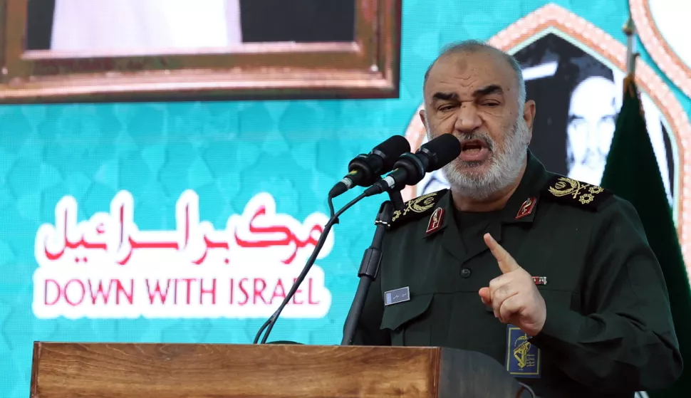 epa11698547 Head of the Islamic Revolutionary Guard Corps(IRGC) Hossein Salami speaks during an anti-US rally marking the 45th anniversary of the US Embassy takeover, in front of the former embassy building in Tehran, Iran, 03 November 2024. Iranian students occupied the embassy on 04 November 1979 after the USA granted permission to the late Iranian Shah to be hospitalized in the United States. Over 50 US diplomats and guards were held hostage by students for 444 days. The Iranian Supreme Leader Ayatollah Ali Khamenei said on 02 November that the US and Israel will definitely receive a harsh response following Israel's strike on Iran in October. EPA/ABEDIN TAHERKENAREH