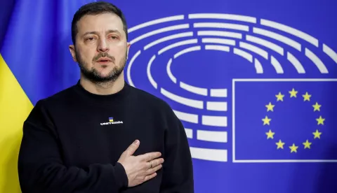 epa11727517 (FILE) - Ukraine's President Volodymyr Zelensky gestures as he is welcomed by the European Parliament president at the European Parliament in Brussels, Belgium, 09 February 2023 (reissued 18 November 2024). Ukrainian President Zelensky is expected to address the European Parliament (EP) from Kyiv on 19 November 2024, in an extraordinary plenary session marking 1,000 days of Russia's full-scale invasion of Ukraine, which began on 24 February 2022. EPA/JULIEN WARNAND