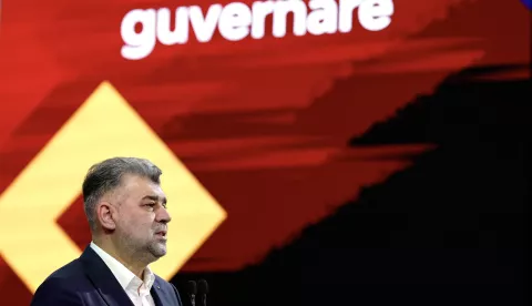 epa11690448 Romanian Prime Minister Marcel Ciolacu, the leader of the ruling Social Democratic Party (PSD) and presidential candidate, delivers his speech during the launch event of PSD party's governing program for the period 2024-2028, at the former Filaret power plant, in Bucharest, Romania, 29 October 2024. Ciolacu is running for president on behalf of the Social Democracy Party (PSD) in the 2024 presidential elections. The ninth presidential elections in Romania will be held on 24 November 2024, with a second round planned for 08 December 2024. The parliamentary elections will be held on 01 December 2024. The Social Democratic Party (PSD) is the largest political party in Romania. EPA/ROBERT GHEMENT