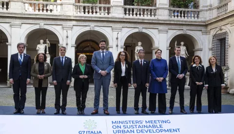 epa11700488 Italian Undersecretary of the Interior Wanda Ferro (C) poses with the heads of delegations for a family photo during the G7 Sustainable Urban Development Ministers' Meeting at Palazzo Altemps in Rome, Italy, 04 November 2024. The G7 Sustainable Urban Development Ministers' Meeting takes place in Rome, Italy, from 03 to 04 November. EPA/ANGELO CARCONI