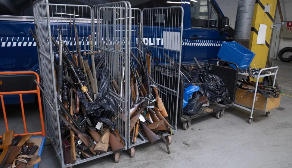 epa11741248 East Jutland Police showcases weapons given in with amnesty at the Police Station in Aarhus, Denmark, 26 November 2024. Throughout the month of November, following an initiative by Justice Minister Peter Hummelgaard, all Danish citizens have the opportunity to anonymously and without penalty surrender weapons to the police. EPA/BO AMSTRUP DENMARK OUT