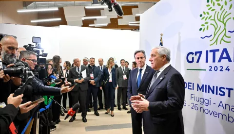 epa11741407 Italian Foreign Minister Antonio Tajani (R) and US Secretary of State Antony Blinken (L) speak to reporters during the G7 Foreign Ministers' Meeting, Fiuggi, Italy, 26 November 2024. EPA/ALESSANDRO DI MEO