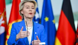 epa11658453 European Commission President Ursula von der Leyen attends a news conference during the 10th 2024 Berlin Process Summit at the Chancellery in Berlin, Germany, 14 October 2024. Chancellor Scholz will hold two working meetings and a working lunch with the participants on the topics of 'Regional Cooperation and Common Regional Market', 'Green Agenda for the Western Balkans, Connectivity, and Energy' and the future direction of the Berlin Process. EPA/Hannibal Hanschke