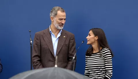 epa10272979 Spanish King Felipe VI (L) and Queen Letizia (R) attend the 'Exemplary Town of Asturias Award' delivery act during their visit to Cadavedo village in Asturias, northern Spain, 29 October 2022, a day after the Princess of Asturias Awards ceremony. Cadavedo won this year's Exemplary Town of Asturias Award, presented annually by the Princess of Asturias Foundation. EPA/Ballesteros