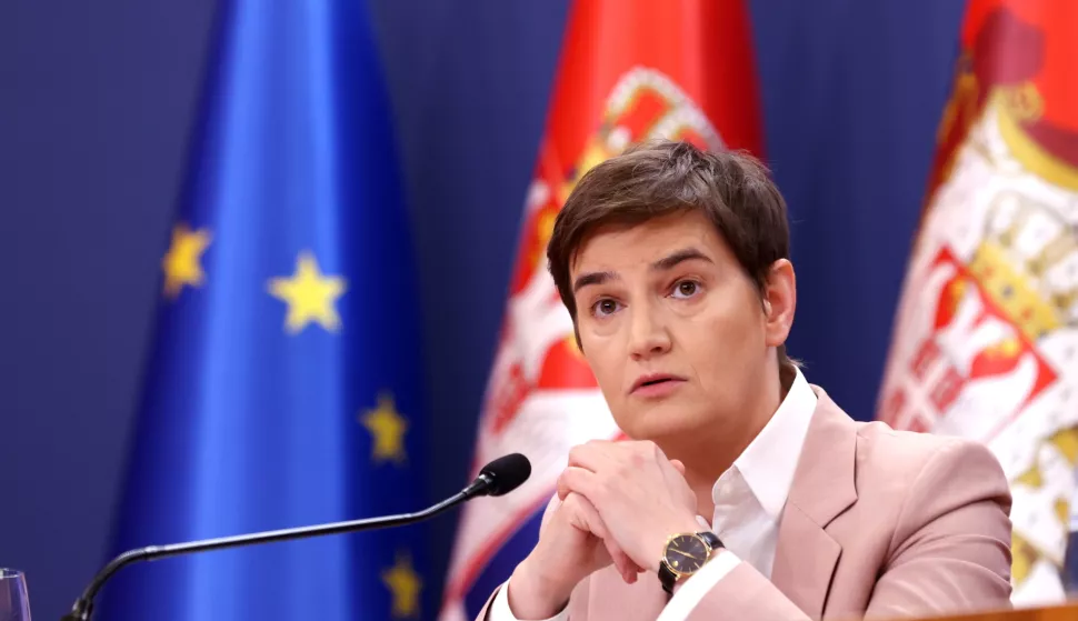 epa10678381 Serbia's Prime Minister Ana Brnabic talks during a press conference with President Aleksandar Vucic in Belgrade, Serbia, 07 June 2023. Following weeks of opposition protests against violence in Serbian society, President Vucic and Prime Minister Brnabic said that an early parliamentary election could be held by the end of the year. EPA/ANDREJ CUKIC