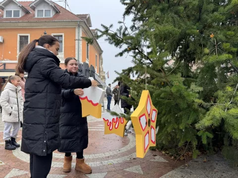 VINKOVCI - Učenici OŠ Vladimira Nazora s gradonačelnikom Ivanom Bosančićem okitili su veliki, 15-metarski bor postavljen na početku pješačke zone, koji je vinkovačka obitelj Košir darovala svome gradu i sugrađanima.2024.