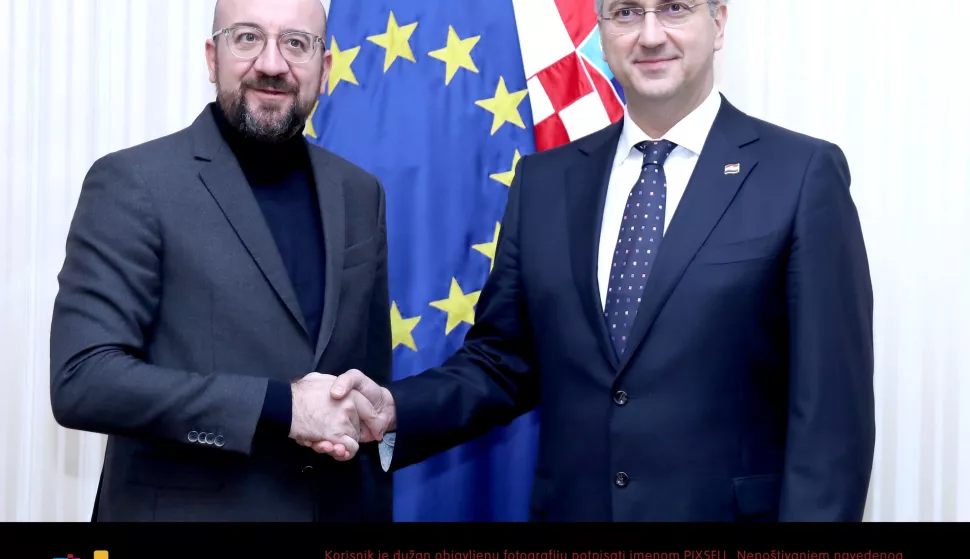 09.01.2020., Zagreb - Predsjednik Vlade Andrej Plenkovic sastao se u Banskim dvorima s predsjednikom Europskoga vijeca Charlesom Michelom, koji boravi u radnom posjetu Hrvatskoj u povodu pocetka hrvatskoga predsjedanja Vijecem Europske unije. Photo: Patrik Macek/PIXSELL