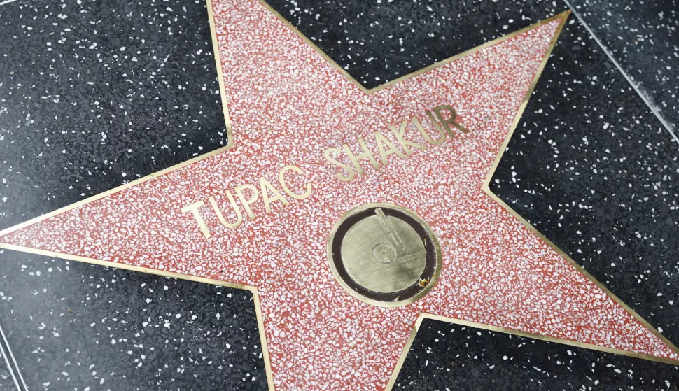 epa10678637 Tupac Shakur's Hollywood Walk of Fame star is unveiled after he posthumously received the 2,758th star on the Walk of Fame, in the category of Recording in Los Angeles, California, USA, 07 June 2023. EPA/CAROLINE BREHMAN