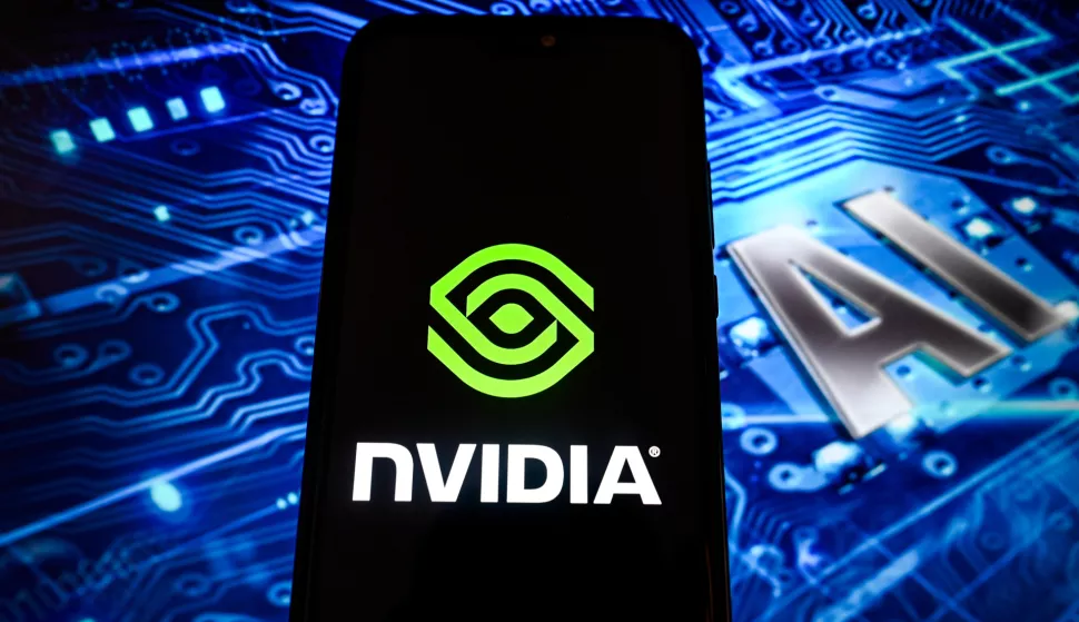 In this photo illustration a NVidia logo is displayed on a smartphone with AI design on the background. economy, business, logo, logos, sign, brand, technology, online, smartphone, cellphone, mobile phone, phone, device (Photo by Omar Marques/SOPA Images/Sipa USA) *** Strictly for editorial news purposes only *** Photo: SOPA Images/SIPA USA