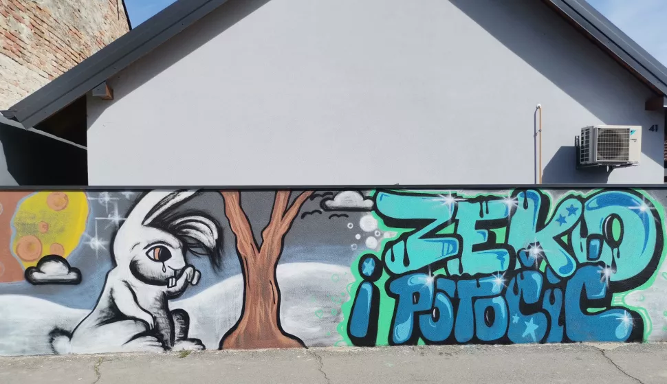 Osijek, 08. 04. 2024, Ulica Matje Gupca 41 u Donjem gradu. Mural na zidu kuce u povodu 70 godina od nastanka popularne djecje pjesme Zeko i potocic.snimio GOJKO MITIĆ