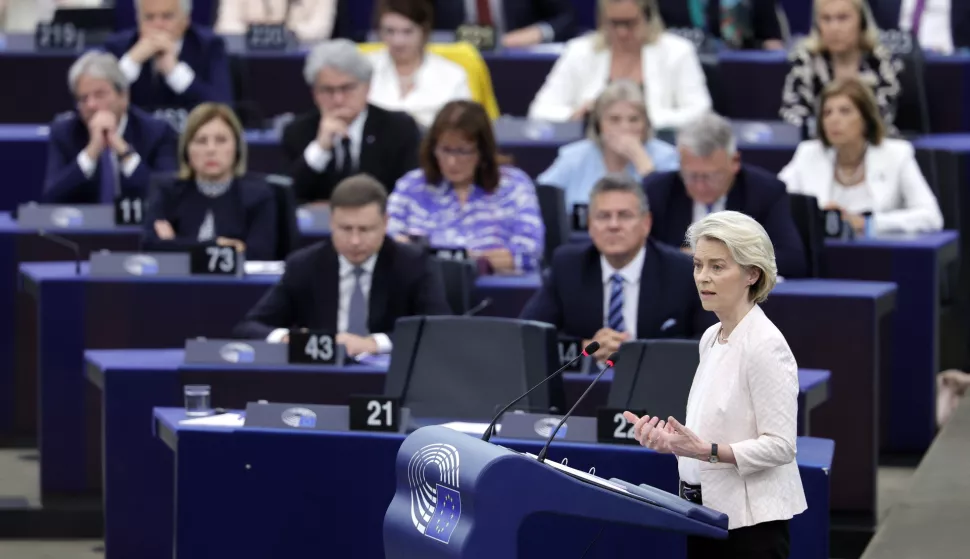 epa11484847 Outgoing European Commission President and candidate for re-election Ursula von der Leyen delivers a speech during a plenary session of the European Parliament in Strasbourg, France, 18 July 2024. MEPs will vote on Von der Leyen's nomination for Commission President on 18 July. If she is elected, she will serve as European Commission President for the next five years. If she does not get the required majority, the European Council will have to propose a new candidate within one month. EPA/RONALD WITTEK