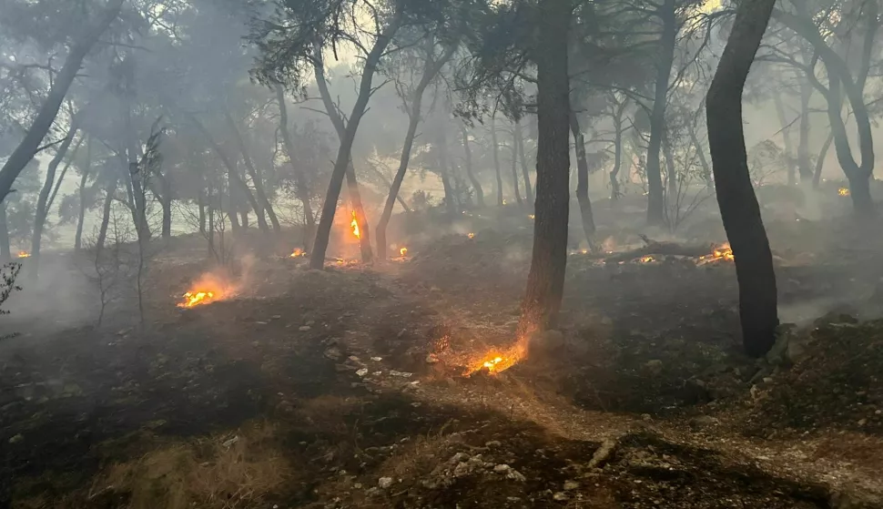 Split, 18.07.2024. - U požaru koji je u četvrtak predvečer izbio na području između Seget Vranjice i Medene kraj Trogira angažirane su sve raspoložive vatrogasne snage iz tog dijela Dalmacije, jer je vatrena stihija zaprijetila i kućama, doznaje se u DVD-u Trogir. foto HINA/ Hrvatska vatrogasna zajednica/ tm