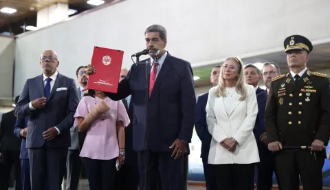 epa11513187 The President of Venezuela, Nicolas Maduro (C), accompanied by First Lady Cilia Flores (2-R), the president of the National Assembly of Venezuela Jorge Rodriguez (L), and the Minister of Defense General Vladimir Padrino Lopez (R), speaks at the Supreme Court of Justice (TSJ) in Caracas, Venezuela, 31 July 2024. Maduro filed an appeal for protection before the Electoral Chamber of the Supreme Court of Justice in which he asked to clarify 'everything that needs to be clarified' about the 28 July presidential elections, whose official result ratified his victory despite allegations of fraud by the opposition. EPA/Ronald Pena R