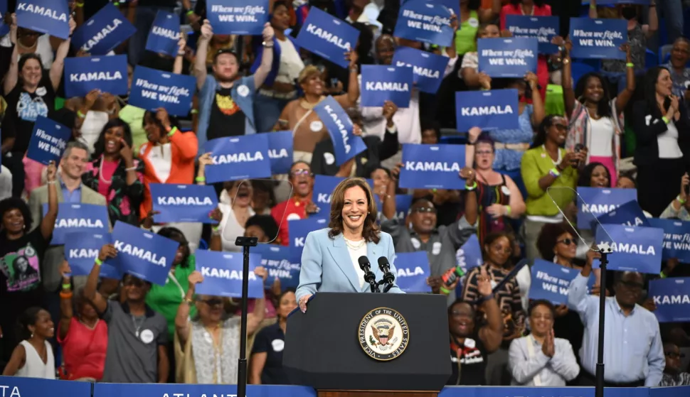 epa11510620 US Vice President Kamala Harris speaks during a campaign rally at Georgia State Convocation Center in Atlanta, Georgia, USA, 30 July 2024. EPA/EDWARD M. PIO RODA