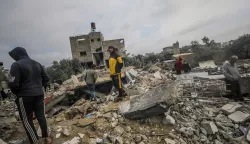 epa11229077 Palestinians search for missing people under the rubble of the destroyed house of the Al Hajj family following an Israeli air strike, in Al Nusairat refugee camp, southern Gaza Strip, 19 March 2024. According to the Palestinian Ministry of Health, more than 10 members of the same family were killed and six remain trapped under the rubble following an overnight Israeli air strike. More than 31,500 Palestinians and over 1,300 Israelis have been killed, according to the Palestinian Health Ministry and the Israel Defense Forces (IDF), since Hamas militants launched an attack against Israel from the Gaza Strip on 07 October 2023, and the Israeli operations in Gaza and the West Bank which followed it. EPA/MOHAMMED SABER