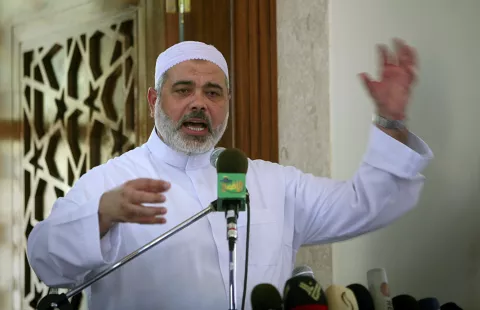 epa11510670 (FILE) - Senior Hamas leader Ismail Haniyeh gestures as he speaks at Friday prayers in Gaza City, 03 July 2009 (reissued 31 July 2024). According to the Islamic Republic News Agency, Hamas political chief Ismail Haniyeh and one of his bodyguards were killed in Tehran, Iran while in the country to attend the inauguration of Iran's newly elected president Masoud Pezeshkian. EPA/ALI ALI