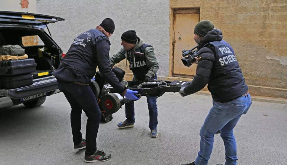 epa10420980 The Italian scientific police at work with a georadar in hideout number 3 of Cosa Nostra boss Matteo Messina Denaro, in Campobello di Mazara, Italy, 21 January 2023. Italian police found Messina Denaro's car, which helped the investigators find his first hideout in Campobello di Mazara. Messina Denaro, on the run for 30 years, was arrested on 16 January at a medical clinic in Palermo, and the apartment was later raided in Campobello di Mazara, 100 kilometers away from Palermo, near the easternmost part of the island. EPA/CARMELO SUCAMELI