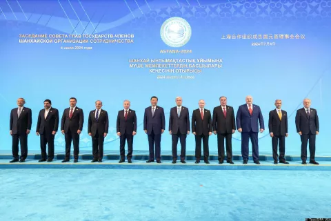 KAZAKHSTAN, ASTANA - JULY 4, 2024: The leaders of SCO member states are seen during a photo session at the 2024 SCO summit of heads of state. Gavriil Grigorov/Russian Presidential Press and Information Office/TASS/Sipa USA Photo: Tass/SIPA USA