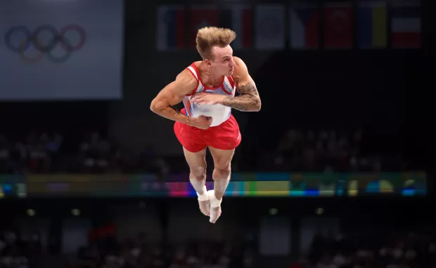 Pariz, 04.08.2024 - Hrvatski gimnastičar Filip Benović tijekom finala preskoka na Olimpijskim igrama Pariz 2024. foto HINA/ Damir SENČAR/ ds