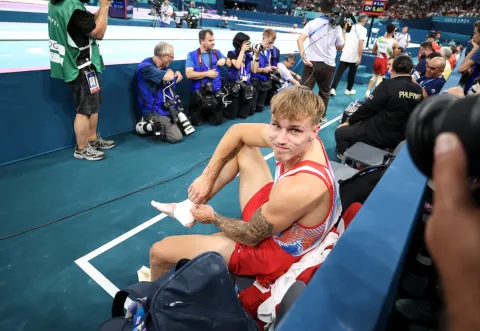 Pariz, 04.08.2024 - Hrvatski gimnastičar Filip Benović tijekom finala preskoka na Olimpijskim igrama Pariz 2024. foto HINA/ Damir SENČAR/ ds