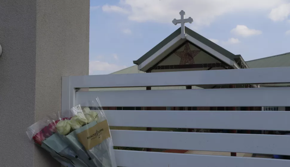 (240416) -- SYDNEY, April 16, 2024 (Xinhua) -- A bouquet is laid outside the compound of a church where a stabbing attack occurred in Sydney, Australia, April 16, 2024. The stabbing attack at a church in Sydney overnight was a religiously motivated "terrorist" act, police said on Tuesday. The stabbing attack, in which two church leaders were wounded, was deemed an act of religiously motivated "extremism" that intimidated the public, Webb told a news conference. A spokesperson from the NSW Ambulance confirmed that four people were injured in the attack. (Xinhua/Liang Youchang) Photo: Liang Youchang/XINHUA