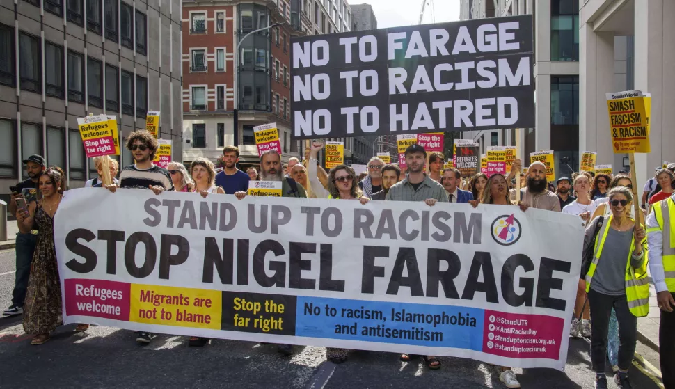 epa11543149 Stop the Far Right protestors gather outside the Reform UK headquarters in London, Britain, 10 August 2024. The demonstration is part of a national day of protest to stop the far right in the UK. Violent demonstrations have been held by members of far-right groups across Britain following a fatal stabbing attack in Southport, in which three children were killed and eight more seriously injured, along with two adults. EPA/MARK THOMAS