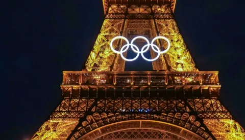 Paris motorcycle police guard the secure area around the Eiffel Tower decorated with the International Olympic Rings as the city is readied to host the 2024 Summer Games in Paris, France on Saturday, July 20, 2024. The Summer Olympic Games begin July 26th, 100-years after last hosting the games. Photo by Richard Ellis/UPI Photo via Newscom Photo: RICHARD ELLIS/NEWSCOM