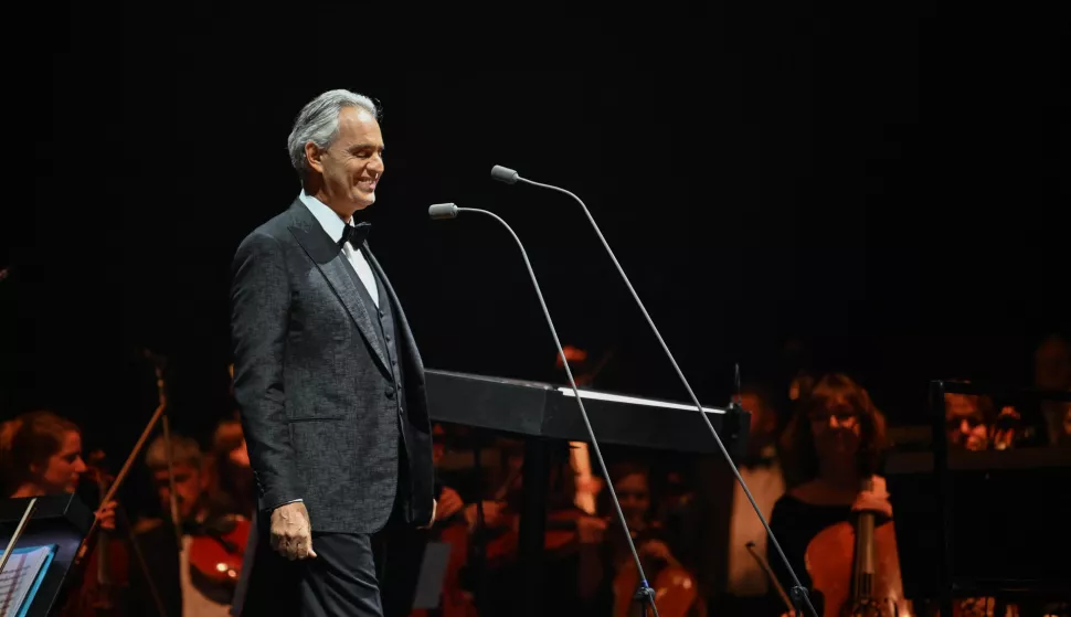 Andrea Bocelli sings live on stage at the AccorHotels Arena in Paris, France on March 3, 2022. Photo by Christophe Meng/ABACAPRESS.COM
