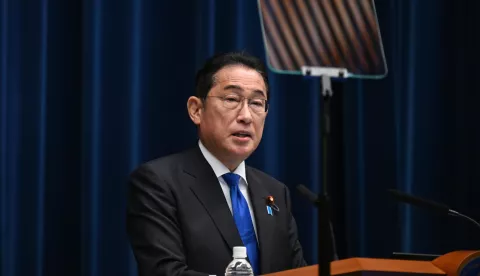 epa11548143 Japan's Prime Minister Fumio Kishida speaks during a press conference at the prime minister's office in Tokyo, Japan, 14 August 2024. Kishida confirmed on 14 August that he will not seek re-election as head of the Liberal Democratic Party next month, essentially meaning the end of his premiership. EPA/PHILIP FONG/POOL