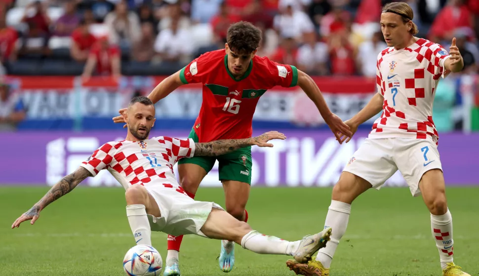 23.11.2022., stadion Al Bayt, Al Khor, Katar - FIFA Svjetsko prvenstvo, skupina F, 1. kolo, Maroko - Hrvatska. Marcelo Brozovic, Abde Ezzalzouli, Lovro MajerPhoto: Igor Kralj/PIXSELL Photo: Igor Kralj/PIXSELL