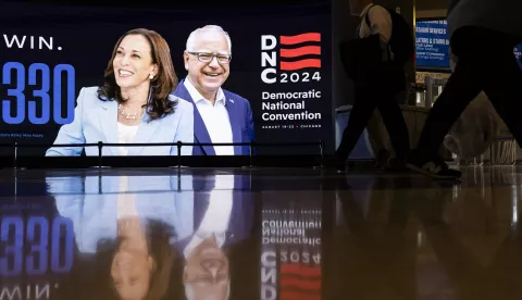 epa11555593 An image of Democratic presidential candidate US Vice President Kamala Harris and Democratic vice presidential candidate Minnesota Governor Tim Walz on a screen before the opening night of the Democratic National Convention (DNC) at the United Center in Chicago, Illinois, USA, 19 August 2024. The 2024 Democratic National Convention is being held 19 to 22 August 2024 in which delegates of the United States' Democratic Party will vote on the party's platform and ceremonially vote for the party's nominees for president and vice president, Vice President Kamala Harris and Governor Tim Walz of Minnesota, for the upcoming presidential election. EPA/JUSTIN LANE