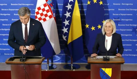 Sarajevo, 04.09.2024. - Konferencija za medije predsjedateljice Vijeća ministara BiH Borjane Kri&scaron;to i predsjednika premijera Andreja Plenkovića. Na fotografiji Andrej Plenković, Borjana Kri&scaron;to. foto HINA/ FENA/ Harun Muminović/ ml