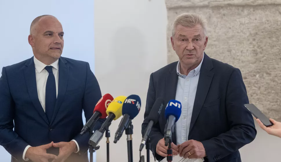 Zagreb, 4.7.2024 - Izjava za medije nakon sjednice Odbora za unutarnju politiku i nacionalnu sigurnost. Na slici Daniel Markić i Ranko Ostojić.Foto Hina/ Dario GRZELJ/ dag