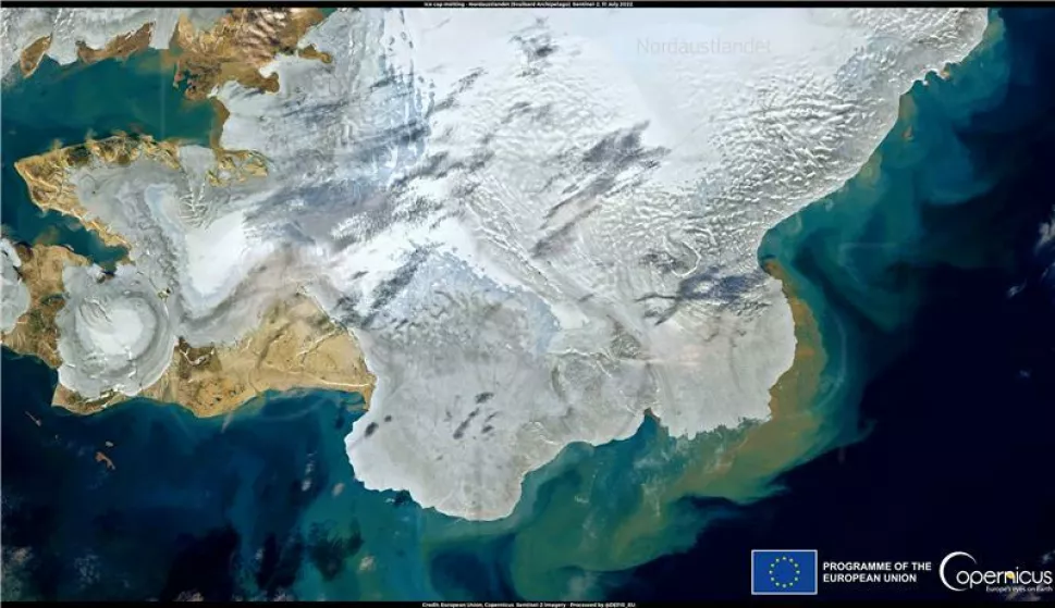 epa10101122 A handout satellite image made available by Copernicus, the European Union's Earth Observation Programme, acquired by one of the Copernicus Sentinel-2 satellites on 31 July 2022, shows a large sediment discharge in the Arctic Sea, off the coast of Svalbard, caused by the rapid melting of snow and ice (issued 01 August 2022). According to an accompanying press release, the recorded temperatures in NorwayÃ¢â'¬â"¢s Svalbard archipelago are about five degrees Celsius higher than the 01 August reference values (i.e., in respect to the 1981-2010 average for the same day). This heatwave is causing exceptional levels of ice cap melting, thus contributing to sea level rise. EPA/EUROPEAN UNION, COPERNICUS SENTI -- MANDATORY CREDIT: EUROPEAN UNION, COPERNICUS SENTINEL-2 IMAGERY -- HANDOUT EDITORIAL USE ONLY/NO SALES