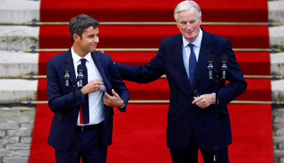 epa11587605 Outgoing France's Prime Minister Gabriel Attal and newly appointed Prime Minister Michel Barnier attend the handover ceremony at the Hotel Matignon in Paris, France, 05 September 2024. French President Macron has appointed EU's former commissioner and Brexit negotiator, Michel Barnier, as France's new Prime Minister, replacing Gabriel Attal, who resigned on 16 July 2024. EPA/SARAH MEYSSONNIER/POOL MAXPPP OUT