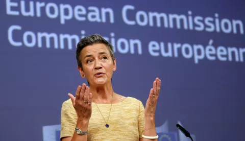 epa11595963 Executive Vice President for A Europe Fit for the Digital Age and Competition, Margrethe Vestager, gives a press conference following the European Court of Justice rulings on the Apple tax state aid and Google Shopping antitrust cases in Brussels, Belgium, 10 September 2024. The European Court of Justice (ECJ) ruled on 10 September that Google violated antitrust laws and upheld the fine of 2.4 billion euros (2.64 billion USD). The ECJ also ruled that Apple needed to pay the European Union 13 billion euros (14.3 billion USD) in back taxes. EPA/OLIVIER HOSLET