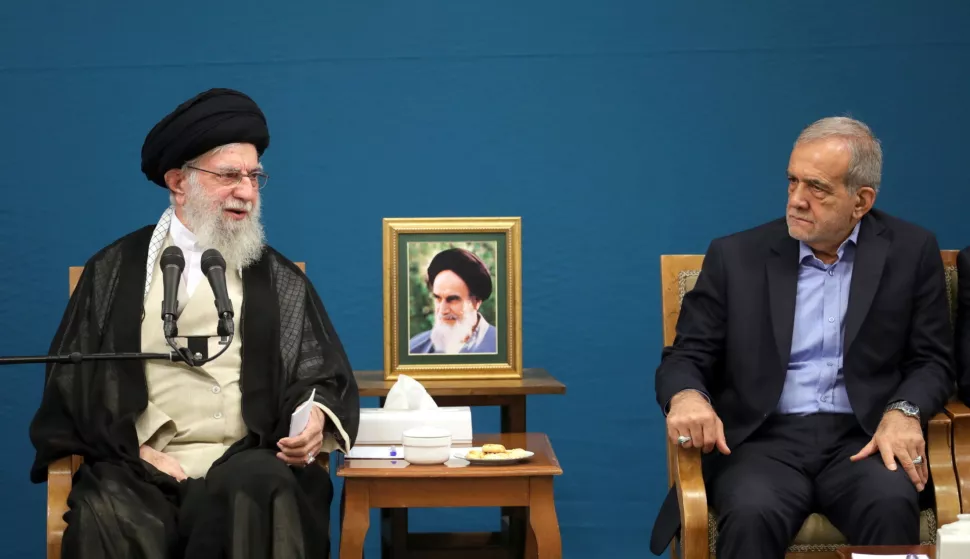 epa11566810 A handout photo made available by the supreme leader office shows Iranian Supreme Leader Ayatollah Ali Khamenei (L) speaking as Iranian President Masoud Pezeshkian looks on, during a meeting with the new Iranian government in Tehran, Iran, 27 August 2024. EPA/IRANIAN SUPREME LEADER OFFICE HANDOUT HANDOUT EDITORIAL USE ONLY/NO SALES