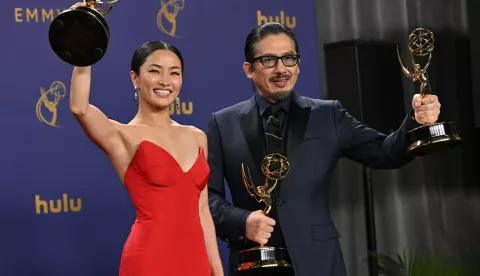 (L-R) Anna Sawai holds her Emmy for the Outstanding Lead Actress in a Drama Series award and Hiroyuki Sanada holds his Emmy for the Outstanding Lead Actor in a Drama Series award for "Shogun",backstage during the 76th annual Primetime Emmy Awards at the Peacock Theater in Los Angeles on Sunday, September 15, 2024. Photo by Chris Chew. Photo via Newscom Photo: CHRIS CHEW/NEWSCOM