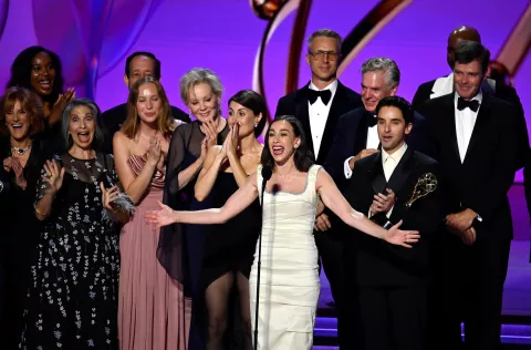 Jen Statsky, Lucia Aniello, and Paul W. Downs, along with cast and crew, accept the Outstanding Comedy Series award for 'Hacks' onstage during the 76th annual Primetime Emmy Awards at the Peacock Theater in Los Angeles on Sunday, September 15, 2024. Photo by Jim Ruymen.. Photo via Newscom Photo: Jim Ruymen/NEWSCOM