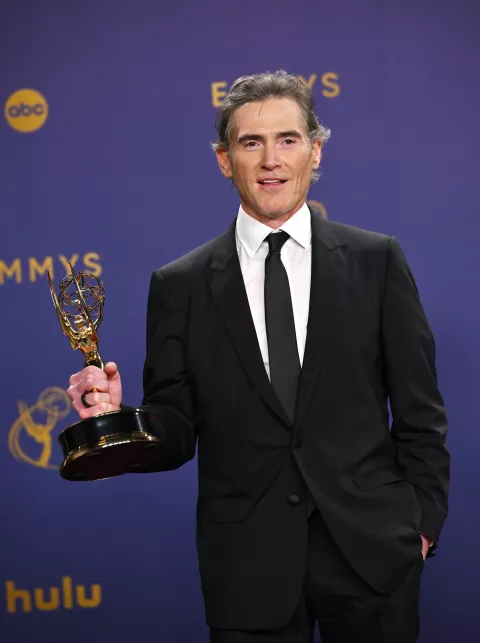 Billy Crudup, holds his Emmy for Outstanding Supporting Actor in a Drama Series for 'The Morning Show' backstage during the 76th annual Primetime Emmy Awards at the Peacock Theater in Los Angeles on Sunday, September 15, 2024. Photo by Chris Chew. Photo via Newscom Photo: CHRIS CHEW/NEWSCOM