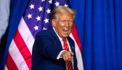 epa11574469 Former US President and current Republican presidential nominee Donald Trump speaks at a campaign rally in Johnstown, Pennsylvania, USA, 30 August 2024. Trump spoke about energy development in the battleground state, as well as vice president and Democratic presidential nominee Kamala Harris's stance on fracking. EPA/JIM LO SCALZO