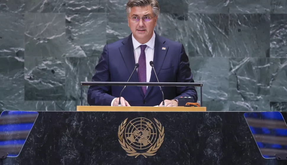 epa11620965 Croatian Prime Minister Andrej Plenkovic speaks during the Summit of the Future being held in advance of the general debate of the 79th session of the United Nations General Assembly at United Nations Headquarters in New York, New York, USA, 23 September 2024. The general debate of the UN General Assembly starts on 24 September 2024. EPA/SARAH YENESEL