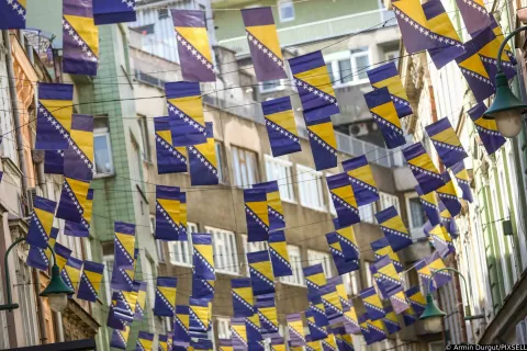 26.02.2021.,Sarajevo, Bosna i Hercegovina - Povodom Dana nezavisnosti Bosne i Hercegovine centar grada ukrasen zastavama.rPhoto: Armin Durgut/PIXSELL