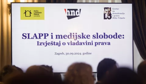 Zagreb, 30.09.2024. - Hrvatsko novinarsko društvo (HND), Centar za demokraciju i pravo "Miko Tripalo" i Kuća ljudskih prava održalo je skup pod nazivom "SLAPP i medijske slobode - Izvještaj o vladavini prava", na kojem su predstavljeni rezultati projekta "Borba protiv SLAPP-a u Hrvatskoj" te objavljena baza podataka s 1333 analizirane sudske odluke u predmetima protiv novinara i medija u razdoblju od 2016. do 2023. godine.foto HINA/ Edvard ŠUŠAK/ es