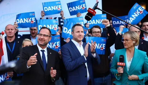 epa11632463 Members of the Freedom Party of Austria (FPOe) celebrate early voting results during parliamentary elections in Vienna, Austria, 29 September 2024. Austria's far-right Freedom Party is heading for an unprecedented general election victory under leader Herbert Kickl, according to projections. EPA/FILIP SINGER