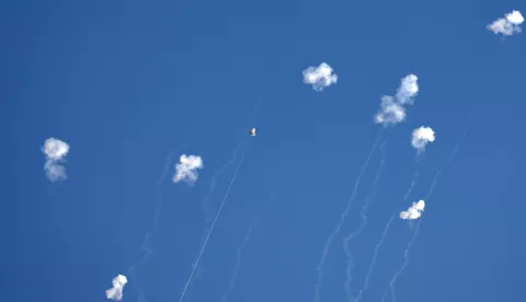 epa11626315 The Israeli Iron Dome air defense system intercepts missiles fired from south Lebanon over the upper Galilee, northern Israel, 26 September 2024. The Israeli Army (Tsahal) said on 26 September it concluded an exercise led by the Ground Forces Training Center that took place a few kilometers from the Lebanese border, adding that that over the past day fighter jets struck dozens of Hezbollah targets in Lebanon, including sites, cells, and launchers that were ready to fire toward Israeli territory. EPA/ATEF SAFADI